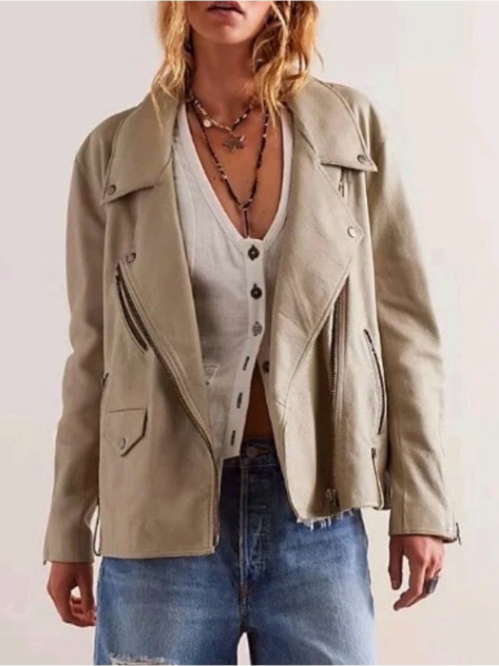 Free People M Cream Jealously Jacket 100% Leather